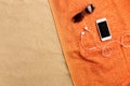 Top view of sandy beach with towel frame and summer accessories. Background with copy space and visible sand texture Royalty Free Stock Photo