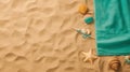 Top view of sandy beach with towel frame and summer accessories. Background with copy space and visible sand texture Royalty Free Stock Photo