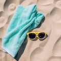 Top view of sandy beach with towel and sunglasses. Background with copy space and visible sand texture. Generative ai Royalty Free Stock Photo