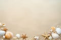 Top view of a sandy beach with various seashells and starfish on one side, copy space. Vacation, holiday background Royalty Free Stock Photo