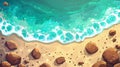 Top view of sandy ocean shore with rocks on summer sea beach. Modern art illustration of coast and blue sea water for a Royalty Free Stock Photo