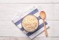 Top view of sauerkraut in glass bowl on wooden table Royalty Free Stock Photo