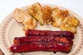 Top view of sausages and chichken fillets Royalty Free Stock Photo