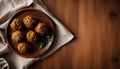 Delicious Meatballs on Wooden Plate, Rustic Table Setup, Copy Space