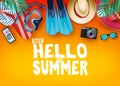 Top View Say Hello to Summer Realistic Vector Banner in Orange Background with and Tropical Elements Like Scuba Diving