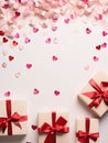 Top view of scattered confetti white and pink hearts, gifts with red bows.Valentine\'s Day banner with space for your own co Royalty Free Stock Photo