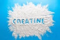 Top view of scattered powder with the word "creatine" written on it on a blue background Royalty Free Stock Photo