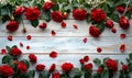 Top-view Red Roses and Petals on Shabby Chic Table,evoking a romantic vintage mood., Generated AI