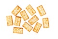 Top view of scattered sugar-coated malkist crackers or crispy biscuits isolated on a plain white background Royalty Free Stock Photo
