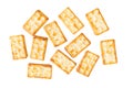 Top view of scattered sugar-coated malkist crackers or crispy biscuits isolated on a plain white background Royalty Free Stock Photo