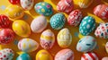 top-view scene featuring chicken eggs painted in a vibrant 1990s color palette.