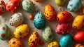 top-view scene featuring chicken eggs painted in a vibrant 1990s color palette.