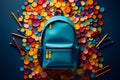 Top view of a school bag with colorful pencils and other supplies Royalty Free Stock Photo