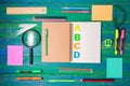 Top view of School and office supplies stationery on wood background,back to school concept. Royalty Free Stock Photo