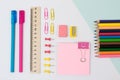 Top view of school supplies. Set of stickers, paper clips and pi Royalty Free Stock Photo