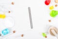 Top view science lab chemistry flask with beakers, flasks, and test tubes filled with colorful liquids Royalty Free Stock Photo