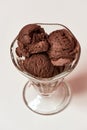 Top view of scoops of tasty chocolate ice cream in a glass sundae dish isolated over light background Royalty Free Stock Photo