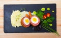 Top view of Scotch egg with mashed potatoes, vegetables, greens Royalty Free Stock Photo