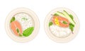 Top view of seafood dishes set. Salmon fish with rice and vegetables served on plates vector illustration Royalty Free Stock Photo