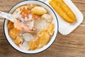 seafood porridge with crabs and shrimps and white shells and deep-fried dough sticks horizontal composition Royalty Free Stock Photo