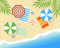 Top view seascape, beach umbrellas, inflatable balls, shells and tropical leaves on the sandy shore. Travel concept. Royalty Free Stock Photo