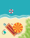 Top view seascape, beach umbrellas, inflatable balls, shells and tropical leaves on the sandy shore. Travel concept. Royalty Free Stock Photo