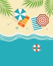 Top view seascape, beach umbrellas, inflatable balls, shells and tropical leaves on the sandy shore. Travel concept. Royalty Free Stock Photo