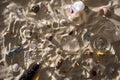 Top view of seashells, glass bottle, scattered cigarette butts, broken glasses, apple core, plastic cups and candy