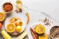 Top view of season autumn fruits, vegetables and berries with chickpea on marble surface. Royalty Free Stock Photo