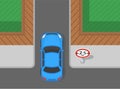 Top view a sedan car entering width limit road. Traffic regulation tips and rules.