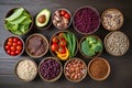 Top view selection of nutritious plant-based foods, including fruits, veggies, nuts, and grains Royalty Free Stock Photo
