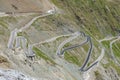 View of serpentine road of Stelvio Pass from above.