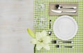 Top view of served wooden restaurant table with copy space