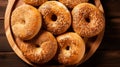 Top View Of Sesame Bagel Slices On Wooden Tray