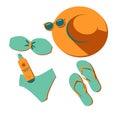 Top view, Set of beach items, elements, wear. Hat, sunglasses, bikini, flip-flop, sunscreen. Summer composition. Vector