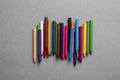 Top view, set of crayons and mix color. Flat lay Royalty Free Stock Photo