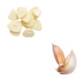 Top view set of fresh white garlic cloves and slices isolated on white background with clipping path Royalty Free Stock Photo