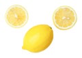 Top view set of fresh yellow lemon fruit with halves or slices scattering isolated on white background with clipping path Royalty Free Stock Photo