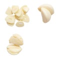 Top view set of garlic slices and pounded garlic cloves isolated on white background with clipping path Royalty Free Stock Photo