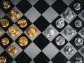 Top view of set of golden and silver chess pieces element. Royalty Free Stock Photo