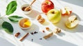 Top view of a set of ingredients for apple porridge with honey, brown sugar, cinnamon sticks, nuts. Generative AI Royalty Free Stock Photo