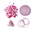 Top view set of red or magenta onion half and slices in several shape isolated on white background with clipping path Royalty Free Stock Photo