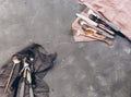 Top view of set silverware on vintage stone background Royalty Free Stock Photo