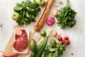 Variety healthy food with paper bag top view