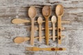 Top view set of wooden rustic spoons and forks. Royalty Free Stock Photo