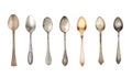 Top view of seven old silver beautiful tea spoons isolated on white background Royalty Free Stock Photo