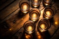 Top view of several glasses of alcohol standing on a wooden table, generated ai