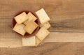 Hard bread crackers in a bowl atop a wood board