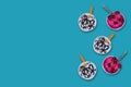 Top view several Ice cream flavors in cup isolated on blue background