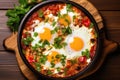 Top View, Shakshuka On A Wooden Boardon White Background